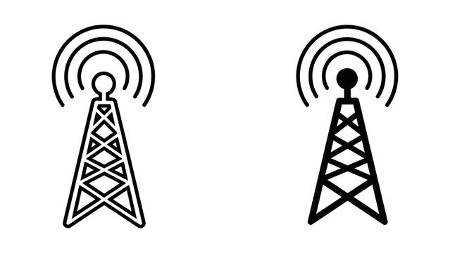 Telecommunication radio tower broadcast signal icons in clean black and white vector line