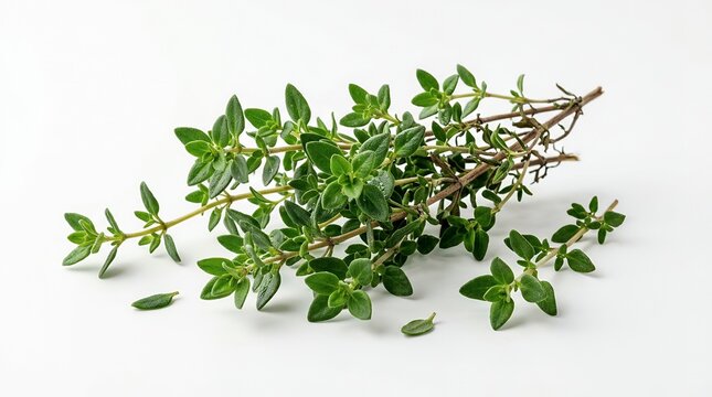 Fresh organic thyme sprigs bundle isolated on white background with detailed macro textures for culinary seasoning and aromatic herbal ingredient