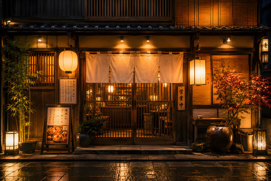 暖簾と行灯の暖かな光に包まれた日本の伝統的な和食店
