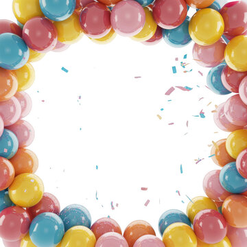 Circular frame of colorful balloons and confetti isolated on a transparent background for festive invitations