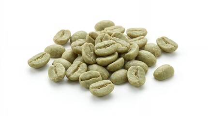 Obraz premium Green unroasted coffee beans pile isolated on white background raw organic seeds for roasting
