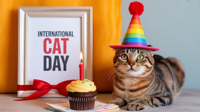 Cat wearing party hat celebrating International Cat Day with cupcakes and festive decor