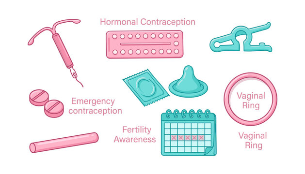  Hormonal and Barrier Contrxception Method Vector Set with Intrauterine Device IUD, Birth Control Pills, Male Condoms, Vaginal Ring, and Fertility Calendar