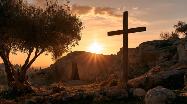 Wooden cross and empty tomb at sunrise with sunburst