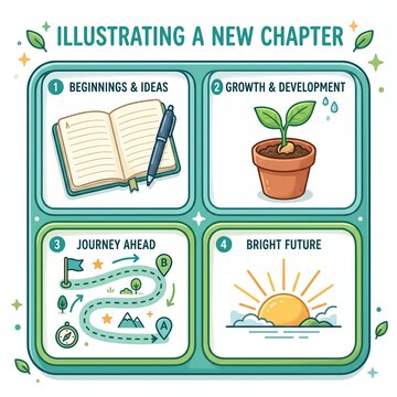 Illustrating A New Chapter 4-Step Infographic Grid with Ideas Growth Journey and Bright Future