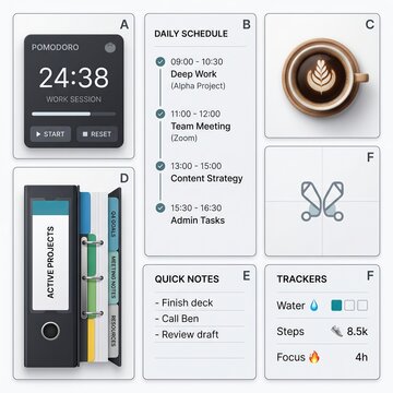 Digital Workspace Productivity Dashboard Grid with Pomodoro Timer Daily Schedule Coffee and Folder