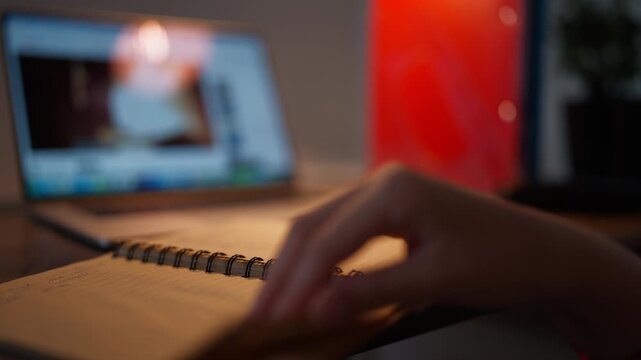 Female hands reviewing notebook pages beside a laptop during an evening desk session. Planning, organization, goal setting, productivity, study preparation and time management concept.