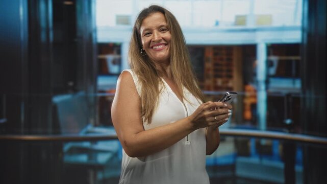 Woman holding smartphone in both hands, smiling and giving a thumbs up while standing in a modern building atrium by glass railing and chairs; happiness connection.