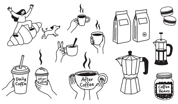 A whimsical collection of hand-drawn illustrations celebrates the joy of coffee, featuring steaming cups, coffee bags, macarons, a French press, a Moka pot, and a smiling person atop a croissant.