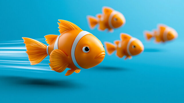 Orangefarbener Clownfisch f&uuml;hrt Fischschwarm durchs blaue Wasser an