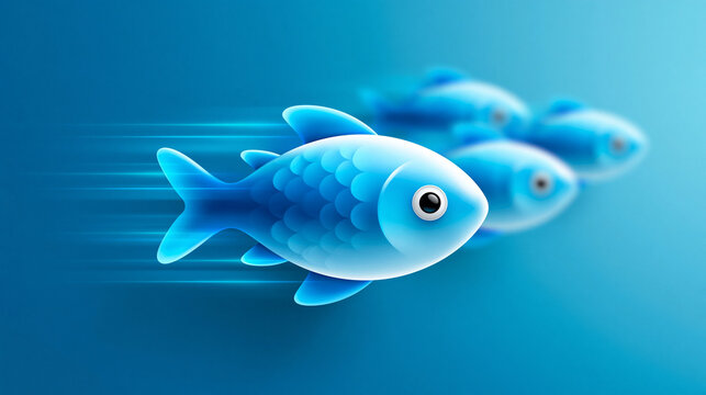 Blauer Fisch schwimmt schnell vor einer Gruppe anderer Fische voraus