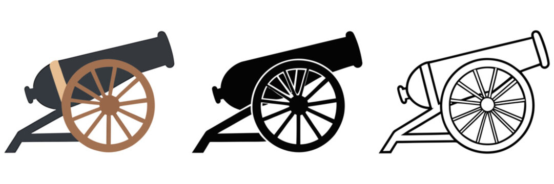A collection of stylized cannons in various artistic renderings: a colored, a silhouette, and an outline version, representing a powerful historical weapon.