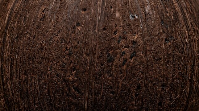 Close-up macro texture of a dark brown coconut shell surface with organic fibrous details for nature backgrounds