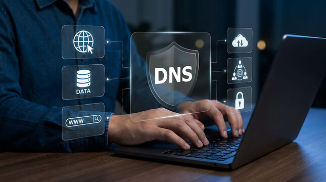 Person Using Laptop Computer With Secure DNS Domain Name System Concept