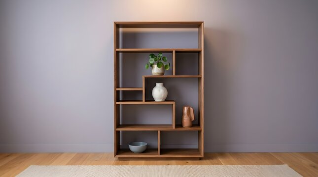 A modern wooden geometric bookshelf placed against a soft grey wall, decorated with small indoor plants and minimalist ceramic vases.