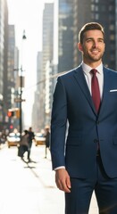 Fototapeta premium Confident businessman in navy suit on city street.
