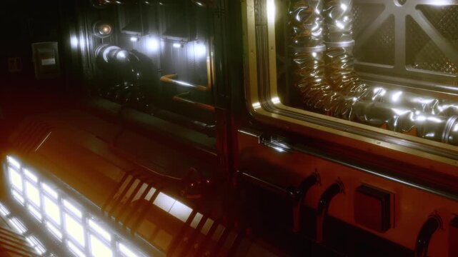 A detailed section of machinery in an industrial setting. Pipes and lights create a complex arrangement of metallic surfaces and technology.