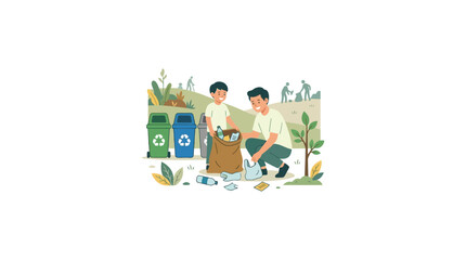 Naklejka premium Group of people collecting garbage in field.