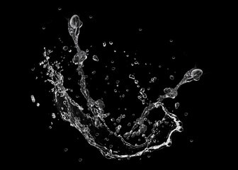Dynamic arching water splash and droplets frozen in motion isolated on black background. © Andrew