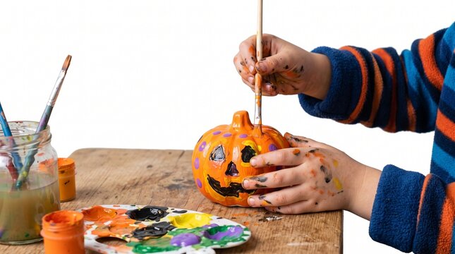Painting Halloween Pumpkin: A child's hands are covered in paint as they decorate a small pumpkin, a palette of colorful paints and brushes laid out on a wooden table.