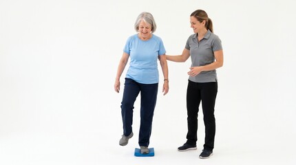 Fototapeta premium Senior Woman Balance Training with Therapist: An older woman practices her balance on a small platform, with a physical therapist offering support and guidance.