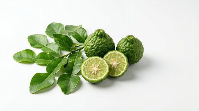 Fresh kaffir limes, whole and halved, with green leaves, on white. Highlighting distinct bumpy texture, vibrant color, and aromatic zest for culinary and essential uses