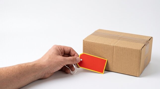 Product Tagging: A hand holds a red tag with a golden border, ready to be attached to a brown cardboard box, suggesting pricing or identification for a product.