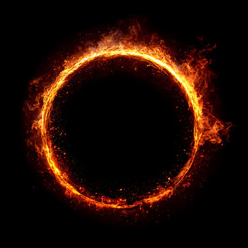 Fire circle on black background with bright flames and sparks