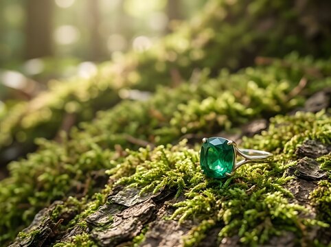 Cushion cut green emerald ring in silver band resting on vibrant green moss and tree bark in a sunlit forest, macro photography with blurred natural background and bokeh lights.