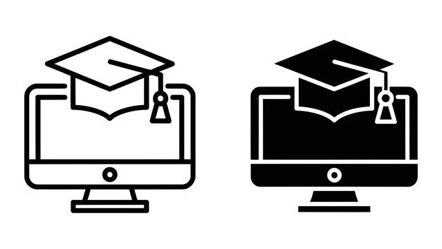 Graduation cap on monitor vector icon in outline and solid black style for education
