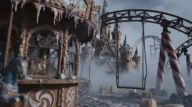 Ruined ferris wheel in foggy landscape with candy ground elements.