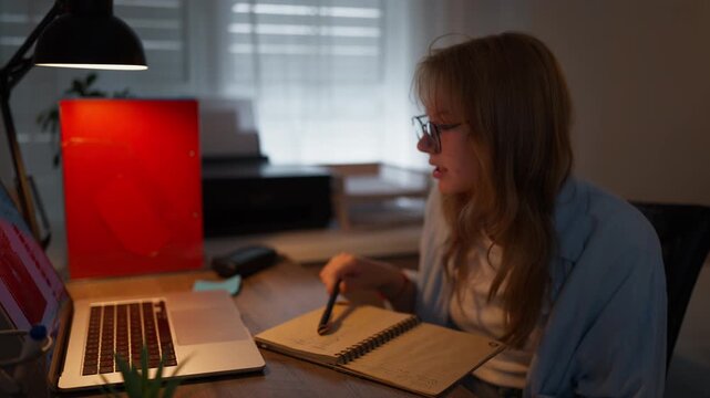 Focused female student thinking over schoolwork with a pen before finding a solution and taking notes beside a laptop. Problem solving, learning, concentration and academic development concept.