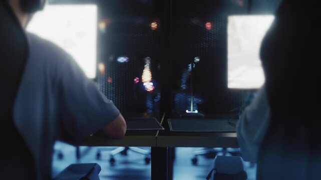 Two gamers playing a cooperative video game together in a modern computer club with purple lighting
