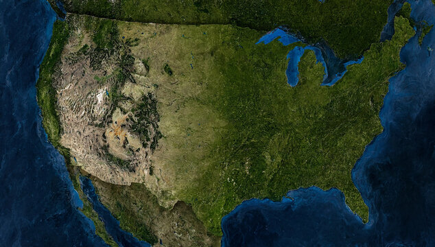 High resolution satellite view of United States of America North America continent topographic map