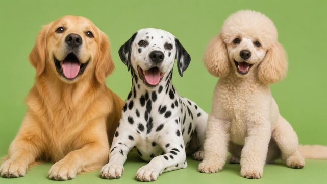Happy golden retriever Dalmatian and poodle dogs sitting together on green background