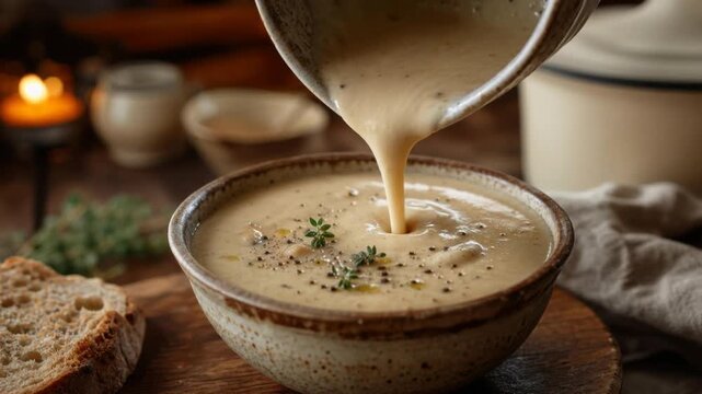 Creamy homemade soup being poured into a rustic bowl served with fresh bread and herbs on a wooden table
