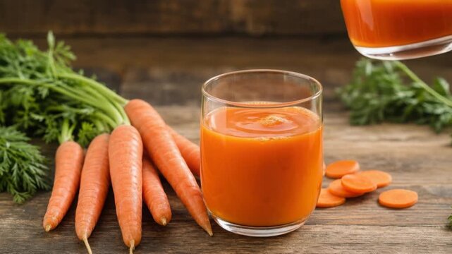 Fresh carrot juice being poured into a glass with whole carrots and slices on rustic wooden table