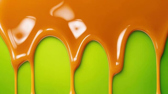 Bright orange paint dripping down vibrant green surface creating colorful abstract background