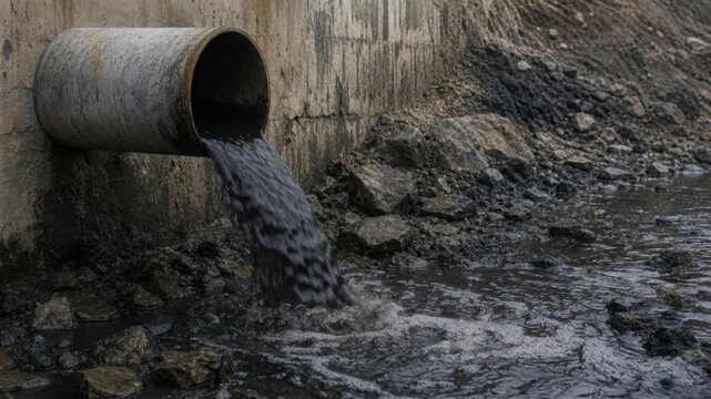 Polluted water flowing from industrial drainage pipe contaminating the environment and soil