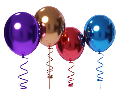 Four metallic finish balloons with curly ribbons isolated on transparent background for event promotion and graphics