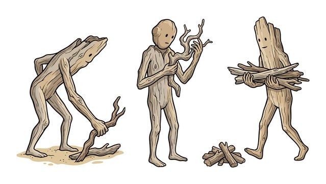 Three anthropomorphic wooden stick characters engaging in outdoor activities
