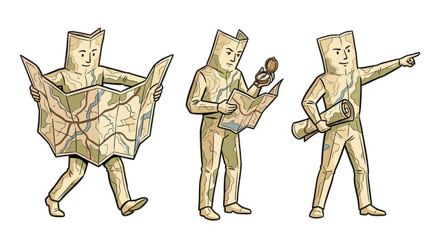 Cartoon characters made of map paper navigating and searching directions