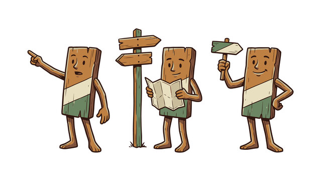 Cartoon wooden plank characters giving directions and navigating with character
