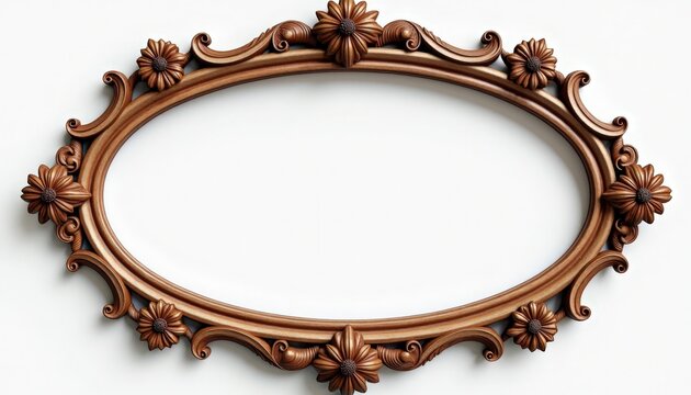 ornate oval frame in carved wood with floral scrollwork, rosette accents and gilded patina, ornate oval frame showcasing decorative molding, symmetrical baroque ornamentation,