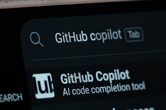 San Francisco, United States - 09 Aug 2026: Search result for GitHub Copilot is seen on a digital screen.
