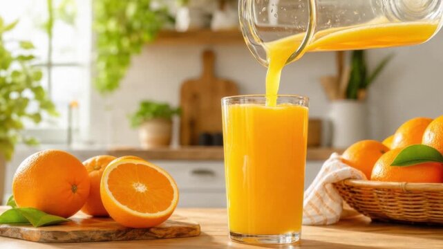 Fresh orange juice being poured into a glass with ripe oranges on a wooden kitchen table