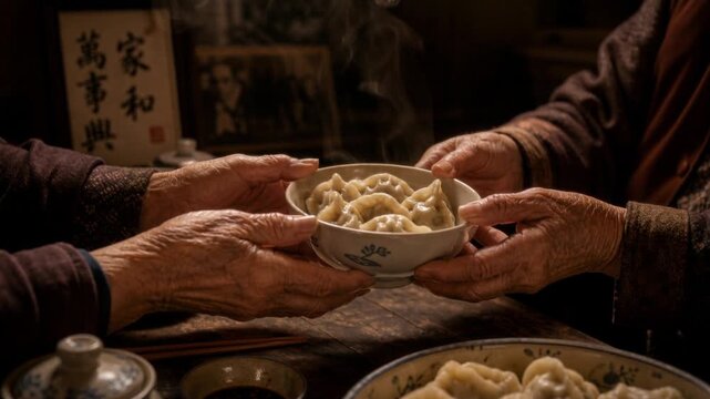 Traditional Asian steamed dumplings served in an elderly hands sharing bowl with warm cozy atmosphere