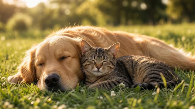 Cute golden retriever dog and tabby cat cuddling and sleeping together on green grass outdoors