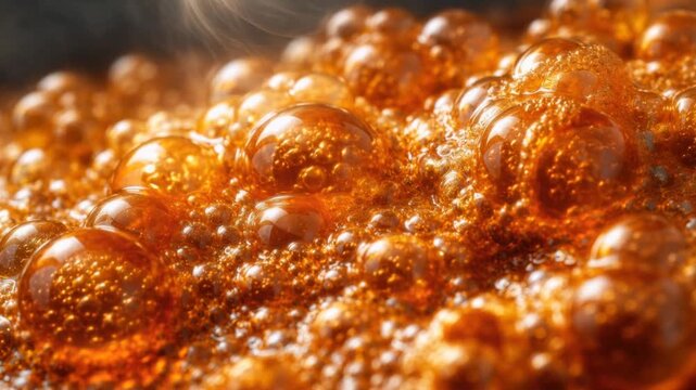 Close up of hot brown liquid bubbles and foam on boiling tea or coffee with steam rising