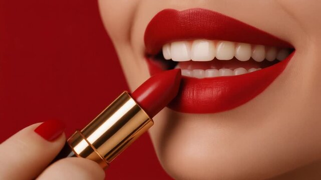 Close up of smiling woman applying red lipstick with perfect teeth and smooth skin on red background